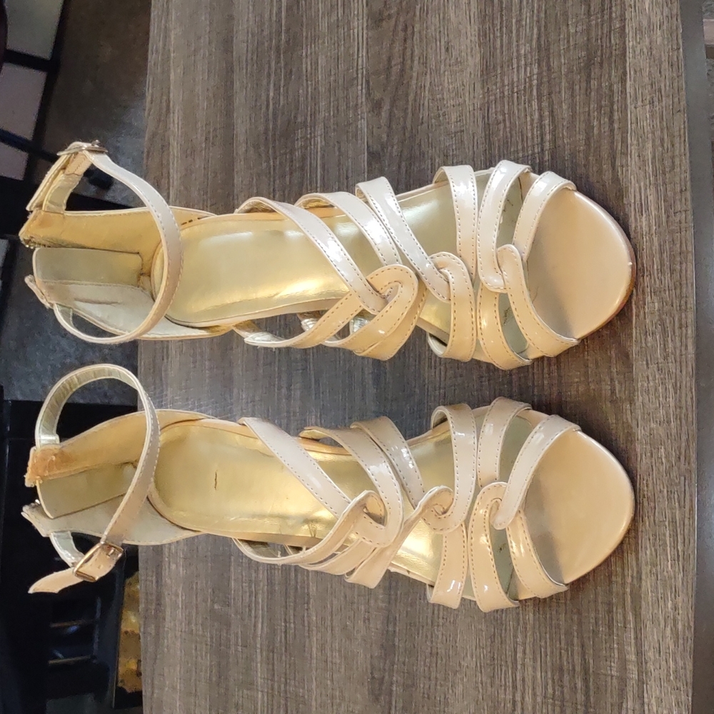 Tan Strappy Heels with Buckle Ankle Strap, Size 7